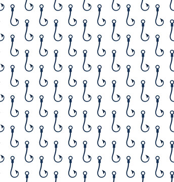 Blue ink fishing hooks isolated on white background. Cute monochrome seamless pattern. Vector flat graphic hand drawn illustration. Texture. Icon.