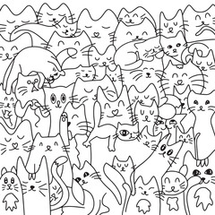 Lots of cute cats. Background from cats. Coloring. Vector illustration. Cute and funny cats doodle vector set. Cartoon cat or kitten characters design collection with flat color in different poses.