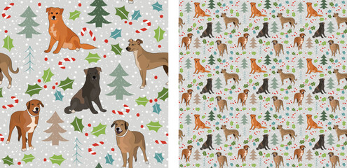 Seamless dog pattern, winter Happy Christmas texture. Square format, t-shirt, poster, packaging, textile, socks, textile, fabric, decoration, wrapping paper. Trendy hand-drawn  Mutt dog breed.