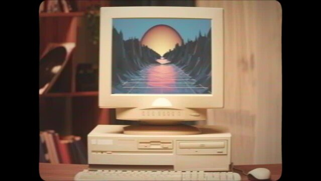 Retro pc with chroma key green screen, Old computer studio close-up, Desktop vintage retro wave display, late 90s PC mock up for 3d motion design and advertising. 