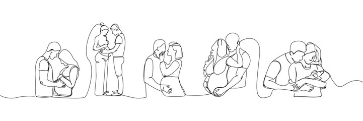 Pregnant women with husbands, family, children, baby set one line art. Continuous line drawing of pregnancy, motherhood, preparation for childbirth, expectation of a child.