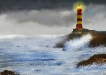 Fototapeta na wymiar Old lighthouse on the shore of the sea, paintings landscape, lighthouse on the coast of state