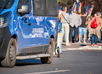 Naklejka premium Gendarmerie or romanian military police car van at a protest in Bucharest, Romania