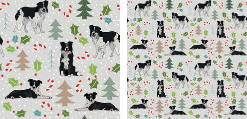 Seamless dog pattern, winter Happy Christmas texture. Square format, t-shirt, poster, packaging, textile, socks, textile, fabric, decoration, wrapping paper.Trendy hand-drawn  border collie dog breed.