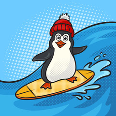 penguin on surfboard rides on sea wave pinup pop art retro vector illustration. Comic book style imitation.