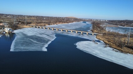 Aerial view of frozen Cedar river