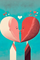 Vaylentines, two half of a heart kissing gently, love, romance, wedding, wedding, valentine, greeting card, illustration, digital