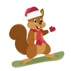 cute squirrel in a New Year's hat, scarf and mittens snowboarding, winter entertainment