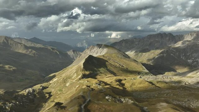 Cinematic dramatic sunrise over mountains natural park Combeynot summits