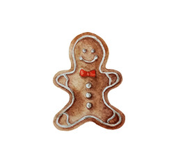 Watercolor Christmas gingerbread man cookies isolated on white background.