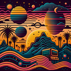 Obraz premium Retro Syntwave Space repeating pattern