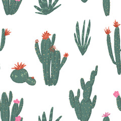 Blooming cactus abstract ornament. Exotic desert cacti, wild plants, prickly succulents in flat style. Botanical vector seamless pattern.