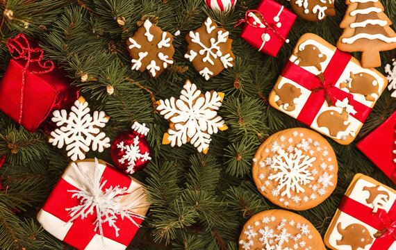 Traditional christmas gingerbread cookies. Generative AI image