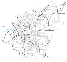 Osaka city map (Japan) - town streets on the plan. Monochrome line map of the  scheme of road. Urban environment, architectural background. Vector 