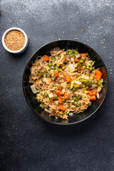 vegetarian rice noodles vegetables veggie vegan food asian food ready to cook delicious snack healthy meal food snack on the table copy space food background rustic top view