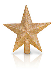 A crown for a Christmas or New Year tree in the form of a five-pointed golden star. Isolated object on a white background.