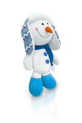 A white snowman in a winter hat and scarf of blue color, with a carrot nose. Isolated object on a...