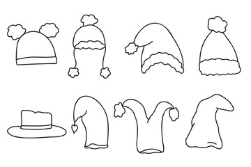 The picture shows different types of hats, it is intended for postcards, elves, Santa Claus, printing and you can use it in different cases.
