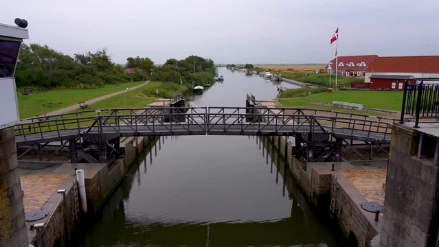 Aerial view of a bridge near the beautiful Ribe, Kammerslusevagten, Denmark