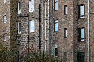 25 November 2022. Aberdeen, Scotland. This is the rear of the tenement buildings of flats in...