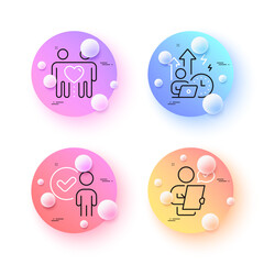 Verification person, Friends couple and Difficult stress minimal line icons. 3d spheres or balls buttons. Customer survey icons. For web, application, printing. Vector