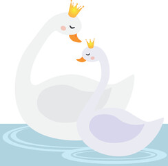  Vector illustration of two white swans characters in crown in cartoon style