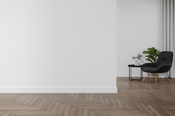 Empty white wall with armchair and coffee table on wooden floor. 3d rendering of interior living room.