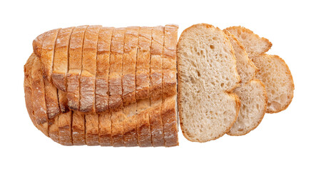 Sliced white wheat bread cutout. Wholegrain bread loaf and slices isolated on a white background. Bread baking and slicing concept. Carbohydrates and calories.