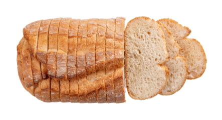 Sliced white wheat bread cutout. Wholegrain bread loaf and slices isolated on a white background. Bread baking and slicing concept. Carbohydrates and calories.