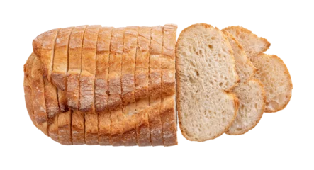  Sliced white wheat bread cutout. Wholegrain bread loaf and slices isolated on a white background. Bread baking and slicing concept. Carbohydrates and calories. © Maryia