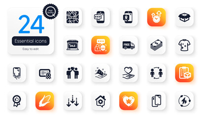 Set of Business flat icons. Dollar, Green electricity and Scroll down elements for web application. Workflow, Open box, Clean t-shirt icons. Certificate, Phone password, Corn elements. Vector