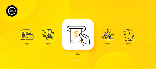 Fototapeta na wymiar Stress, Discounts cart and Budget accounting minimal line icons. Yellow abstract background. Vacancy, Atm service icons. For web, application, printing. Mind anxiety, Sale order, Stock trader. Vector