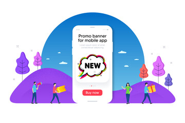 Fototapeta premium New comic cartoon bubble banner. Phone ui interface banner. Arrival sticker shape. Offer label icon. Mobile smartphone promo banner. New bubble tag. Man with gift box. Vector