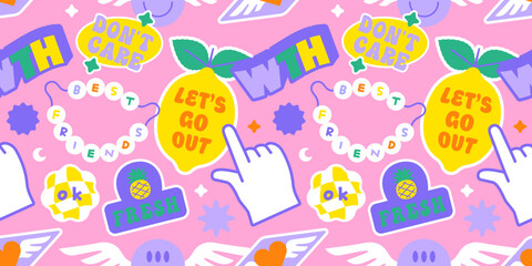 Funny vintage cartoon style sticker label seamless pattern. Retro 90s  colorful patch background texture. Trendy decorative sign wallpaper illustration.