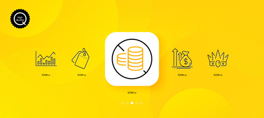 Fototapeta na wymiar Crown, Infochart and Budget minimal line icons. Yellow abstract background. No cash, Sale tags icons. For web, application, printing. Monarchy king, Stock exchange, Money profit. Tax free. Vector