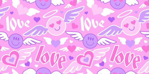 Heart shape cartoon face sticker label seamless pattern. Retro 90s pink love patch background texture. Vintage valentine's day decorative sign wallpaper illustration.