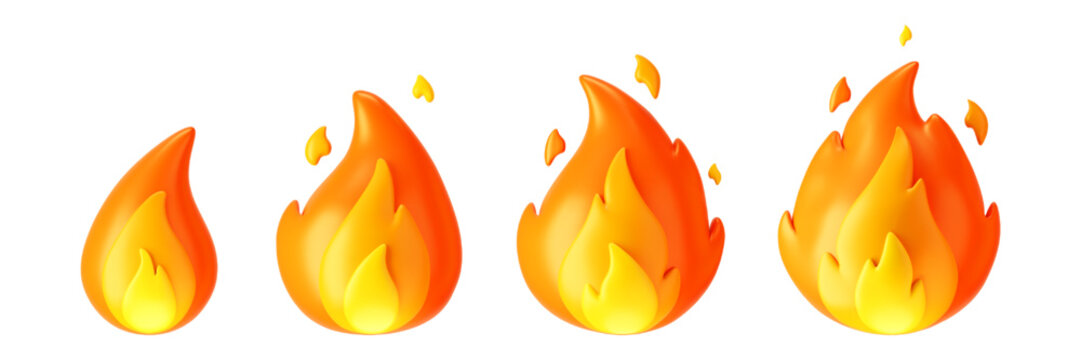 3d fire flame icons set with burning red hot sparks isolated on white background. Render sprite of fire emoji, energy and power concept. 3d cartoon simple vector illustration.