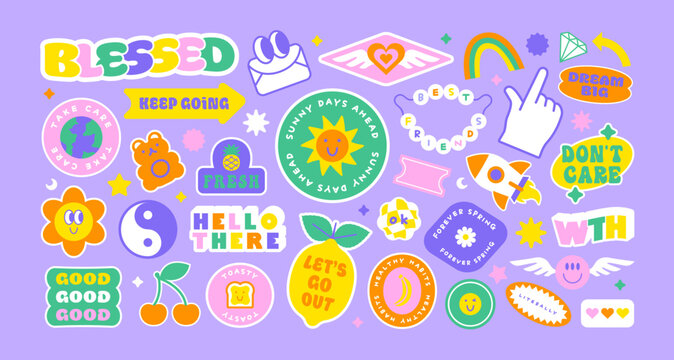 Naklejka Colorful retro cartoon label shape set. Collection of trendy vintage y2k sticker shapes. Funny soft pastel color quote sign bundle. Cute children icon, fun patch illustrations.