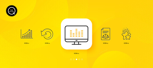 Fototapeta na wymiar Ranking stars, Graph chart and Legal documents minimal line icons. Yellow abstract background. Music making, Recovery data icons. For web, application, printing. Vector