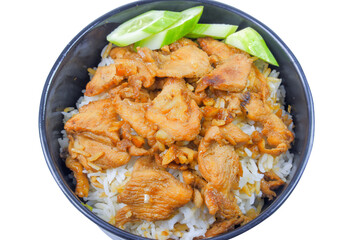 Garlic pork fried rice in a black bowl, white background