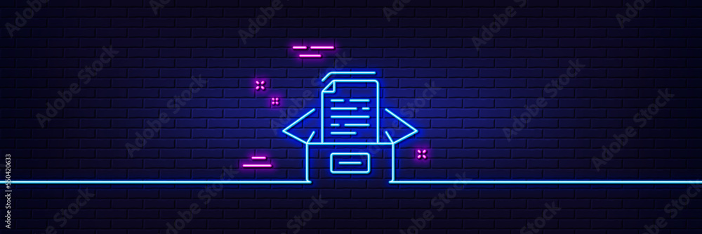 Poster neon light glow effect. documents box line icon. doc files page sign. office note symbol. 3d line ne