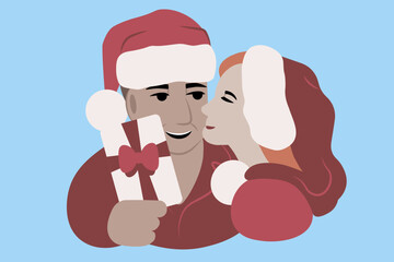 Smiling kissing couple in Santa Claus capes exchange gifts. Xmas hat. Simple abstract isolated vector illustration.