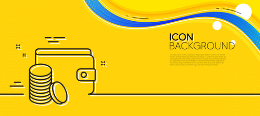 Obraz na płótnie Canvas Wallet with Coins line icon. Abstract yellow background. Cash money sign. Payment method symbol. Minimal payment method line icon. Wave banner concept. Vector