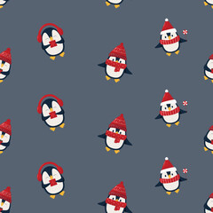 Seamless pattern - pinguins in red hats and with cups on gray background. FLat winter pattern