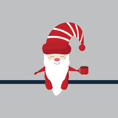 Scandinavian gnome with cup of cocoa in red color. Flat style.