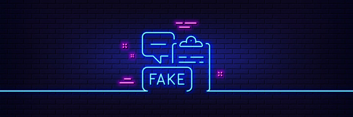 Neon light glow effect. Fake document line icon. Propaganda conspiracy clipboard sign. Wrong truth symbol. 3d line neon glow icon. Brick wall banner. Fake document outline. Vector