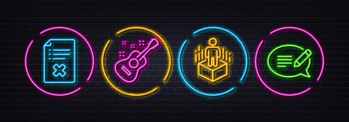 Guitar, Reject file and Augmented reality minimal line icons. Neon laser 3d lights. Message icons. For web, application, printing. Acoustic instrument, Decline agreement, Virtual reality. Vector