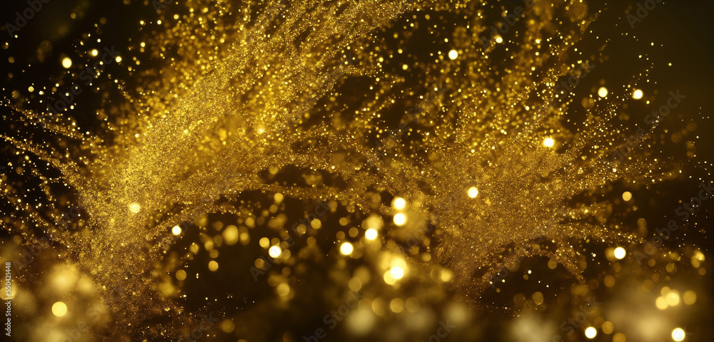 Poster a magical textured background with gold particles and glitter, bokeh. backdrop with copy space, grap