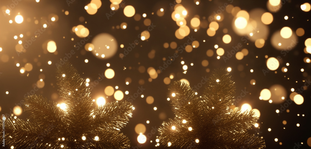 Poster warm bokeh gold glitter, festive abstract background with christmas tree branch. backdrop with copy 