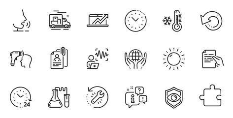 Outline set of Recovery tool, Low thermometer and Recovery data line icons for web application. Talk, information, delivery truck outline icon. Vector